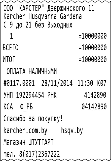 Пример кассового чека ООО Карстер